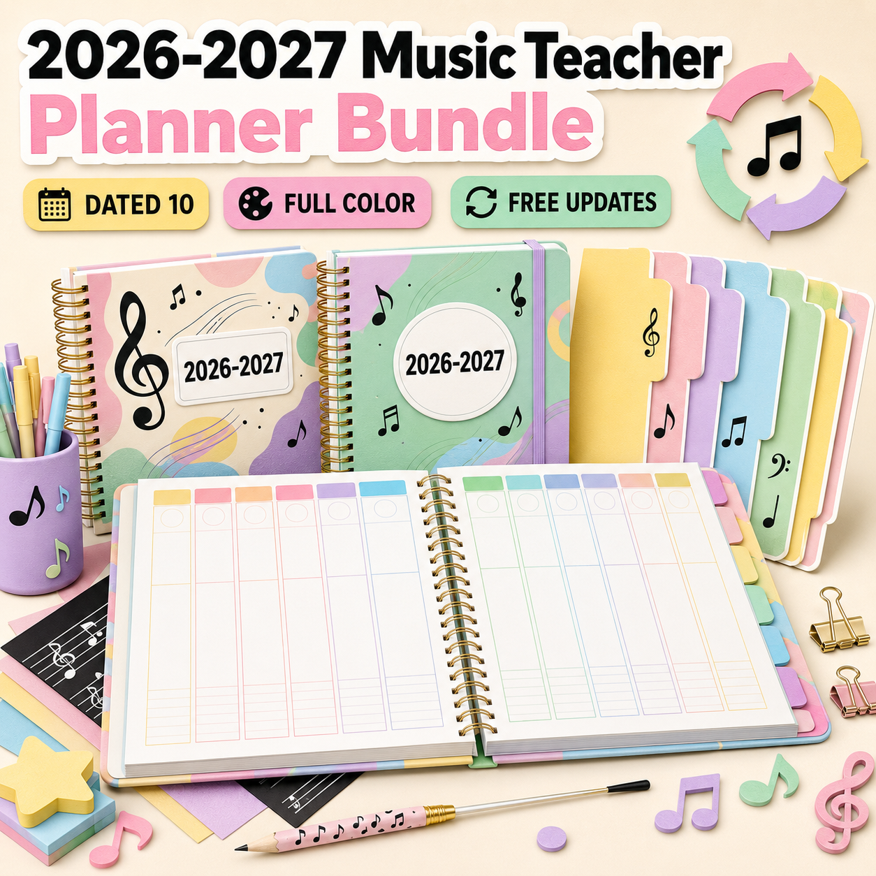 2026-2027 Music Teacher Planner Bundle - DATED 10 full color FREE Updates