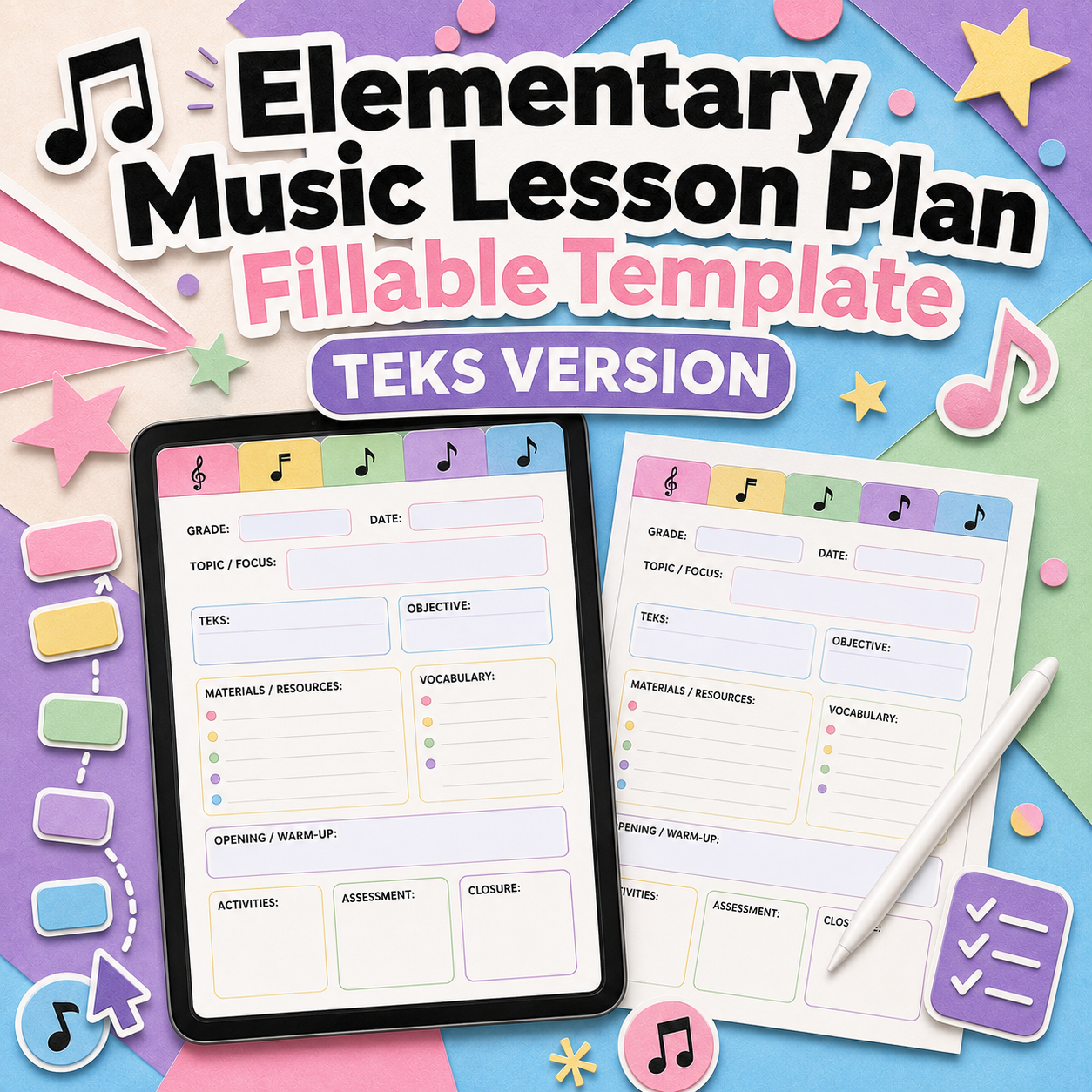 Elementary Music Lesson Plan Fillable Template: TEKS version