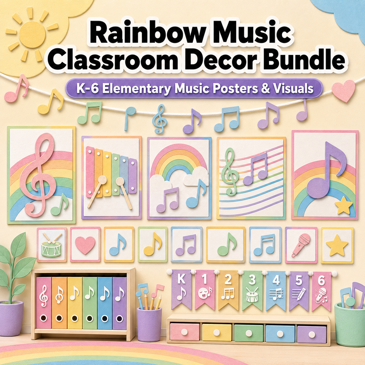 Rainbow Music Classroom Decor Bundle - K-6 Elementary Music Posters & Visuals